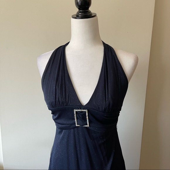 Vintage Y2K glitter blue stretchy halter top gown prom dress buckle - Picture 6 of 11